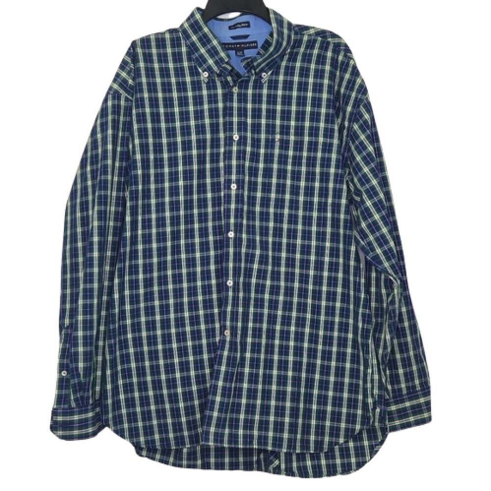Tommy Hilfiger 80's 2 ply fabric blue/green plaid button down shirt size XL